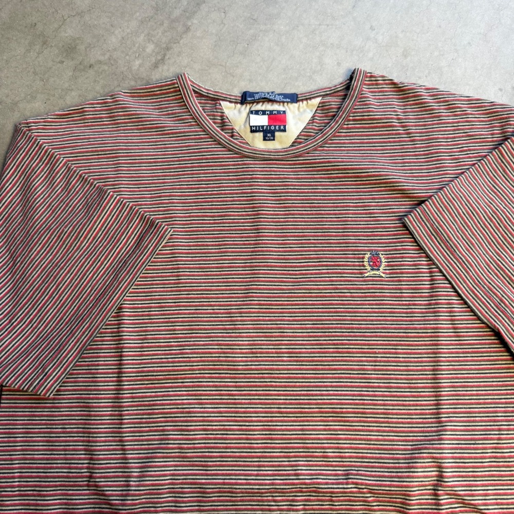 Vintage Tommy Hilfiger Striped T-Shirt XL Red Black Tan Crest Logo 90s Retro